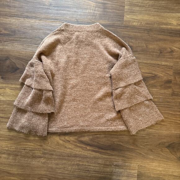 Lumière Ruffle Tiered Boxy Sweater Sz M Brown Elevated Basic Fall Flared Sleeve - Picture 2 of 7